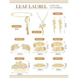 Xinnun 9 Pcs Greek Goddess Costume Accessories Toga Belt Leaves Crown Bracelet Headpiece Earrings Necklace for Women Bridal (Stylish) Gold