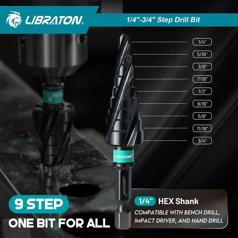 LIBRATON Four Spiral Flute Step Drill Bit, M35 Cobalt Unibit