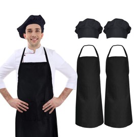 Hi loyaya 2 Pack Black Chef Hat and Apron Set, Kitchen Cooking Bib Aprons for Men Women Chef with Pockets for BBQ Grilling Baking (2, Black)