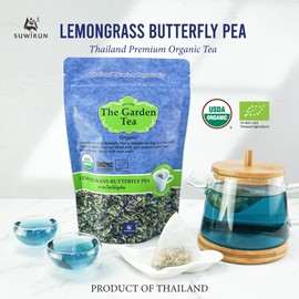 Suwirun Organic Lemongrass & Butterfly Pea Tea 25 Bags – Product of Thailand – Authentic Thai Herbal Blue Tea, Caffeine-Free, No Calories, Floral Fragrance, Enjoy Hot or Cold
