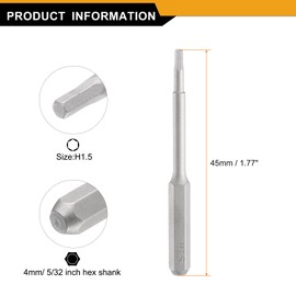 HARFINGTON 5pcs H1.5 Hex Screwdriver Bit 5/32" Hex Shank 45mm/1.77" Length Magnetic Hexagon Head S2 Steel Screw Driver Bit