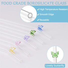 Olpchee 5 Pcs Reusable Straws Clear Glass Straws Colorful Butterfly Design Size 7.8" x 8mm with 1 Cleaning Brush for Smoothies, Milkshakes, Juices, Teas (Colorful Butterfly)