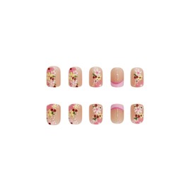 SINHOT Square Press on Nails Short - Daisy Flower Fake Nails Glossy Glue on Nails Cute Cherry Nails Pink French Tip Squoval Artificial Nails Stick on False Nails with Design DIY 24 pcs