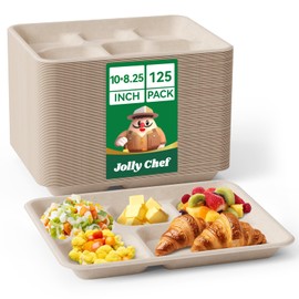 JOLLY CHEF Compostable 5 Compartment Paper Plates 10 * 8 inch [125 Pack] Heavy Duty Divided Disposable Plates Eco-Friendly Biodegradable Plate Food Trays for Party Dinner Lunch Buffet(Brown)