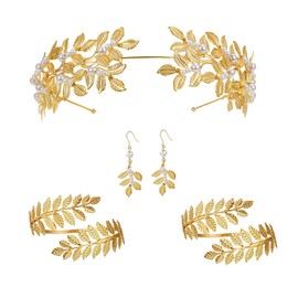 Miaija 4Pcs Greek Goddess Costume Accessories Set Leaf Headpiece Arm Cuff Pearl Leaf Dangle Earring God Roman Jewelry for Women Girls Headdress