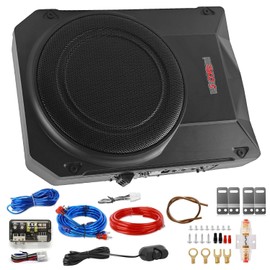 5 CORE 10 inch Slim Under Seat Car Audio Subwoofer 800W Active Powered Under-Seat Built in Amplifier Truck Sub Woofer in Enclosure Box + Wiring Kit & Remote Control - BTUBE UNDR ST 150