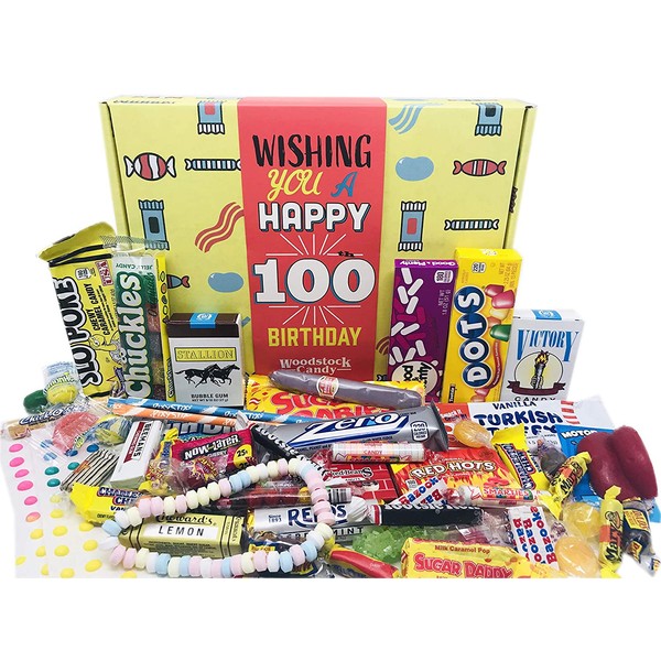 Woodstock Candy ~ 100th Birthday Gifts - Box of Nostalgic Retro Candy from Childhood - Birthday Gifts for 100 Year Old Woman or Man - Table Centerpiece Party Decoration