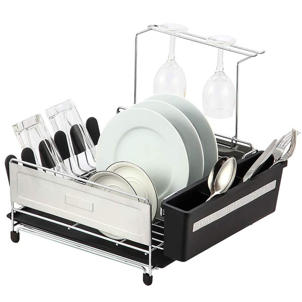 Home Basics Stainless Steel Dish Drying Rack and Drain Board Set, Black