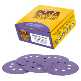 Dura-Gold Premium 100 Grit 5" Purple Film Ceramic Sanding Discs, 8-Hole Pattern, Box of 50 - Dustless Hook & Loop Backing Sandpaper for DA & Random Orbital Sanders - Sand Auto Paint, Wood, Woodworking