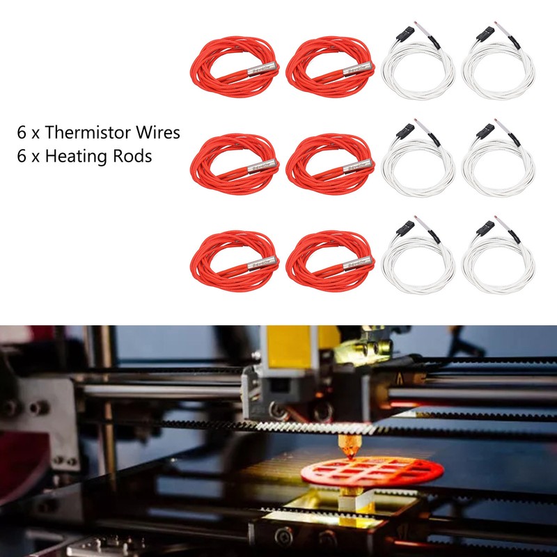 6Pcs Thermistor Wires with Terminal 6Pcs Heating Rods 3D Printer