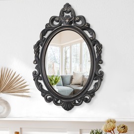 Lzuso Black Oval Wooden Frame Vintage Wall Mirror Baroque Style Arendahl Traditional Carved Hanging Mirror for Wall Decorative Antique Mirror Aesthetic for Vanity Bedroom Living Room Kitchen Entryway