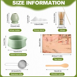 Matcha whisk Set, 8 PCS Ceramic Matcha Kit Matcha Tea Set, Matcha Tea Set with Whisk, Ceramic Bowl, Sifter, Scoop, Holder, Stand, and Tea Towel, Gift for Matcha Lover