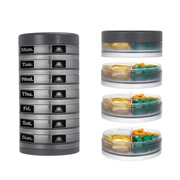 Weekly Pill Organizer ,KIGI Portable Pill Case Box with Extra Lid ,4 Times 7 Day Moisture Proof Vitamin Storage Container,Pill Dispenser Reminder with Label for Vacation (Gray 3.1 * 5.9 Inch)