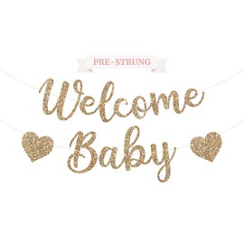 Pre-Strung Welcome Baby Banner - No DIY - Gold Glitter Baby Shower Gender Reveal Party Banner in Script - Pre-Strung Garland on 6 ft Strand - Neutral Party Decorations & Decor. Did We Mention No DIY