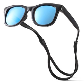 COASION Bendable Flexible Polarized Newborn Baby Sunglasses with Silicon Strap for Infant Boys Girls Age 0-12 Months (Black/Blue Mirror)