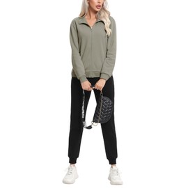 REORIA Women's Cotton Fleece Tracksuit Set with Zip Activewear Leisure Suit Workout Sports Outfit Set, Grey-green