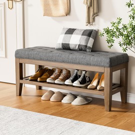 YaFiti End of Bed Storage Bench, 42.9" Entryway Shoe Bench with Solid Wood Shelf, Upholstered Ottoman with Padded Seat for Bedroom, Hallway and Lining Room, Dark Gray