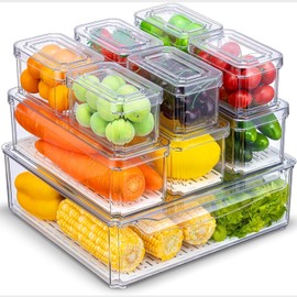 Juego de 10 Organizadores de Refrigerador, Contenedores de Refrigerador Transparentes con Tapas, Recipientes para Congelar Alimentos sin BPA para Frutas y Verduras