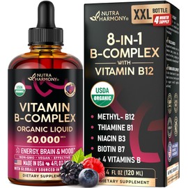 USDA Organic Vitamin B-Complex B5 Pantothenic Acid | B12 Methylcobalamin | B1 Thiamine | B6 Pyridoxine | B7 Biotin | B9 Folic | B3 Niacinamide - B Complex Liquid Drops, Made in USA Supplement, 4fl oz
