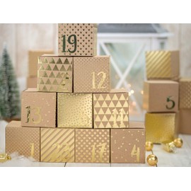 Papierdrachen DIY Advent Calendar for Crafts and Filling, House Set, with Golden Number Stickers, 24 Natural Brown Boxes Made of 400 g/m² Cardboard for Standing and Decorating, 24 Boxes, Christmas Village, Reusable