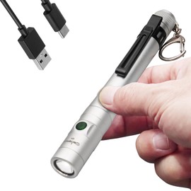 Nitefox Pen Light Flashlight Rechargeable - Mini EDC Pocket Flashlight 300 Lumens with Clip and Diffuser, Aluminum Alloy Pen Torch in Gift Box for Work, Inspection, Emergency Use（Silver）