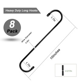 Tmtains 8 Pack Large S Hooks for Hanging Heavy Duty 10 Inch Long Steel Metal Hanger Black Extension Hooks for Closet Hanging Jeans Clothes Bird Feeders Plants Garden Indoor Outdoor