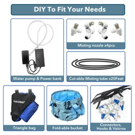 HAOWIN Portable Misting System with Rechargeable Water Pump, Foldable Bucket & Triangle Bag, DIY Mobile Misters for Outside Patio, Tent, Canopy, Golf Cart, Boat, Bike, Motorcycle, Camping, Hiking