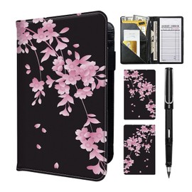 Server Book for Waitress with Everlasting Pencil,Money Pocket Leather Wallet Booklet,Guest Check Receipt Holder Presenters,Waiter Accessories Fit Server Apron 5" X 7.8"-Cherry Blossoms