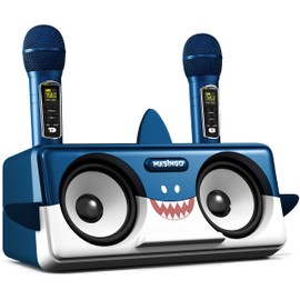 MASINGO Shark Karaoke Machine for Kids, Children and Toddlers with 2 Wireless Bluetooth Microphones, Portable PA Speaker Includes Lyrics Display Phone Holder, TV Cable and Singer Vocal Removal Mode