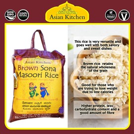 Asian Kitchen Brown Sona Masoori Aged Rice 4-Pound Bag, 4lbs (1.81kg) Short Grain Rice ~ All Natural | Gluten Friendly | Vegan | Indian Origin | Export Quality