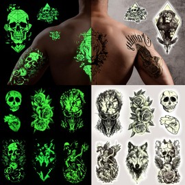 KKJCXY Temporary Tattoos Adult, Glow in The Dark tattoos, 44 Sheets Luminous Temporary Tattoos Stickers, 12 Sheets Fake Body Arm Chest Shoulder Tattoos for Men or Women with 32 Sheets Tiny Tattoos.