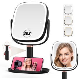Mocado Makeup Mirror with Lights, 1X/20X Magnifying Mirror with Light, Vanity Mirror with 3 Colors Lights, Height Adjustable Lighted Makeup Mirror, Double Sided 360°Rotation, Memory Function (Black)