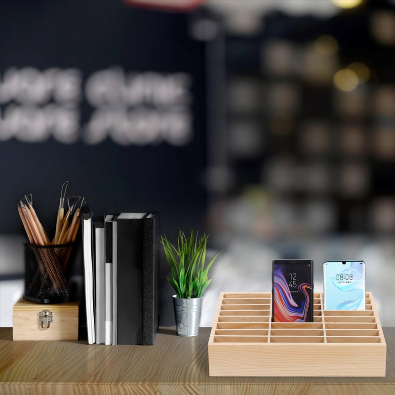 Operitacx 24-Grid Cell Phones Storage Box, Wooden Cell Phone Holder