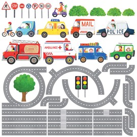 DECOWALL DW-1604 Vehicles on The Roads Kids Wall Stickers Decals Peel and Stick Removable for Nursery Bedroom Living Room art murals decorations decor decorative boy car motorcycle baby bicycle