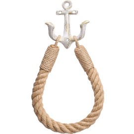 Nautical Rope Toilet Paper Holder Wall-Mounted Towel Ring Nautical Toilet Paper Holder with Metal Hooks Coastal Towel Rack Natural Antique Rope(White)
