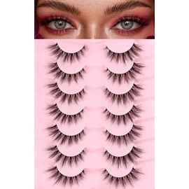 Lashes Wispy Cat Eyelashes Natural Look 15MM Cat Eye Lashes 3D Volume False Lashes with 0.1MM Thin Band C Curl Strip Lashes Pack Fake Eyelashes Wedding Lashes 7 Pair EVENTILL