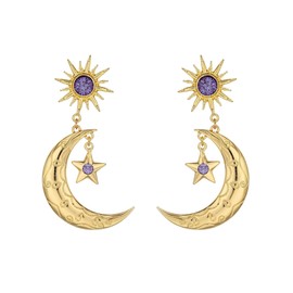 Moon Sun Star Earrings for Women Dainty Long 14K Gold Crescent Moon Star Asymmetrical Dangle Drop Planet Earrings Fashion Valentines Day Gift Jewellry (Gold Moon Star)