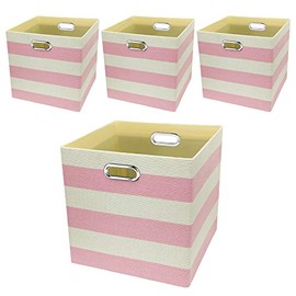 Posprica Storage Bins Storage Cubes,13×13 Collapsible Storage Boxes Containers Organizer Baskets for Nursery,Office,Closet,Shelf - 4pcs,Pink-white Striped