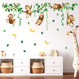 DECOWALL DS9-8053 Monkey Vines Wall Sticker Animals Children Sticker Wall Sticker Peel and Stick Removable for Children's Room Bedroom Living Room Baby Family Leaf Art Decoration Jungle Climbing