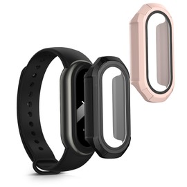kwmobile Cover Comaptible with Xiaomi Mi Band 9 Covers - 2X Tempered Glass with Plastic Frame - Black/Dusty Pink