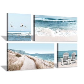 Coastal Beach Canvas Wall Art: Beach Chairs & Seagulls Flying Picture Painting Print for Wall Decor(12''x12''x2pcs+24''x12''x2pcs)