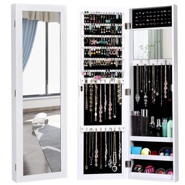 Giantex Wall Mounted Jewelry Cabinet with Full Length Mirror, Over The Door Jewelry Armoire Organizer with Large Storage, Makeup Mirror & Velvet Lining (White)