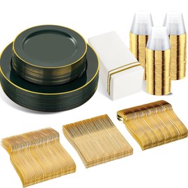 SUT 350PCS Green and Gold Plastic Plates for 50 Guests, Disposable Plates and Napkins Party Supplies, Gold Plastic Silverware, Plates, Cups and Napkins Sets，Party Plates and Cups and Napkins Sets