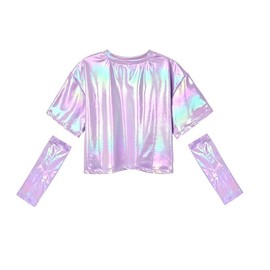 Sequin Shirt Girls Girls' Shiny Metallic Crop Top Light Purple with Arm Sleeves Dancing Girls Tops Size 10-12