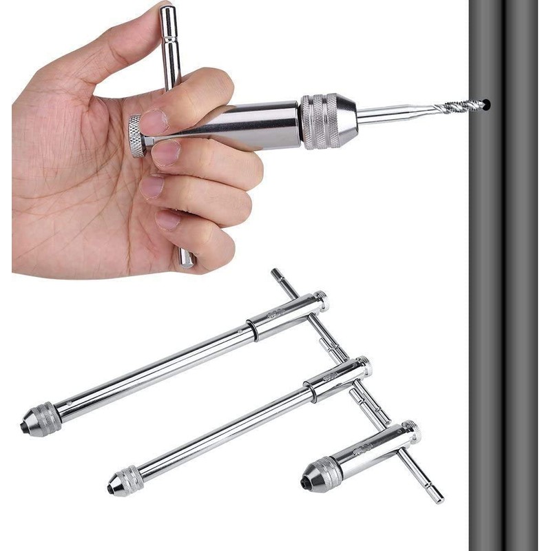 Quluxe Adjustable T-Handle Ratchet Tap Wrench, Silver Alloy Steel, M3-8