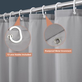 UFRIDAY Grey Fabric Extra Long Shower Curtain Liner 72 x 84 inches with 12 Hooks,Solid Gray Washable Fabric Shower Curtain for Bathroom Water Resistant Shower Liner Hotel Quality Bathroom Curtains
