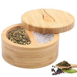 TIHOOK Bamboo Salt and Pepper Box, Bamboo Salt Box, Spice Jars with Lids and Spoon, 2 Compartment Seasoning Box, for Storing Salt, Pepper, Sugar, Spices, or Seasonings