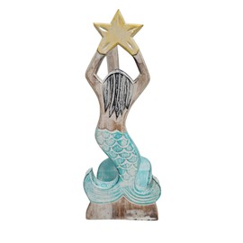 HAND CARVED MERMAID STAR FISH PAPER TOWEL HOLDER WOOD CARVING NAUTICAL STATUE KITCHEN GADGET SCULPTURE