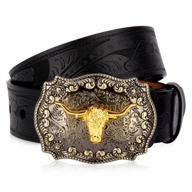 BISON DENIM Mens Western Leather Cowboy Belt - Longhorn Cow Pattern Buckle with Floral Longhorn Bull Texas Buckle Belts