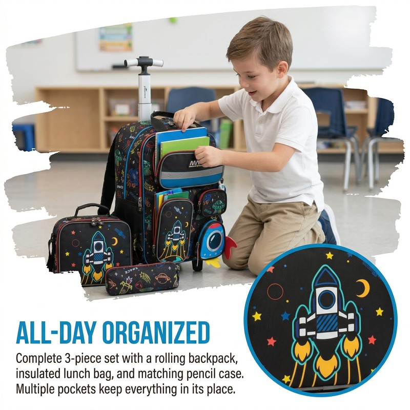 Egchescebo Kids Rolling Backpack for Boys Space Shuttle Luggage with